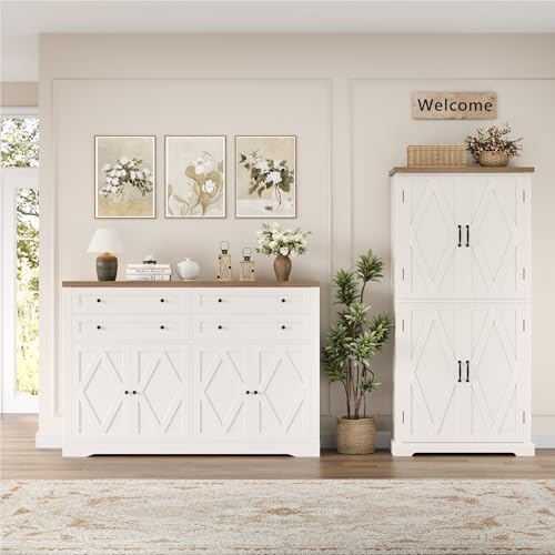 55" Coffee Bar with 4 Large Drawers, Tall Buffet Cabinet with Storage, Adjustable Shelves, Ash Grey X34467