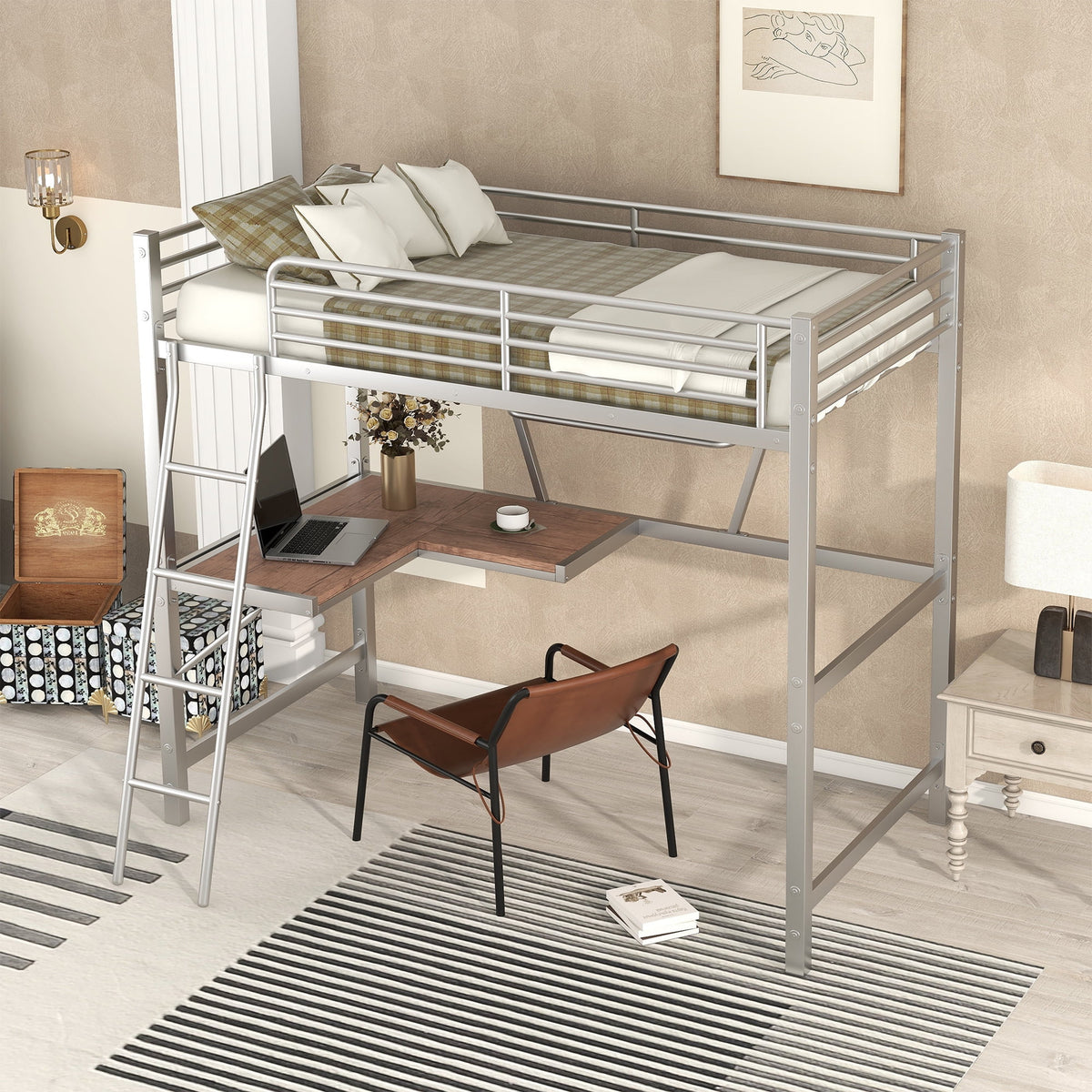 Metal Loft Bed with Desk and Shelf V81258