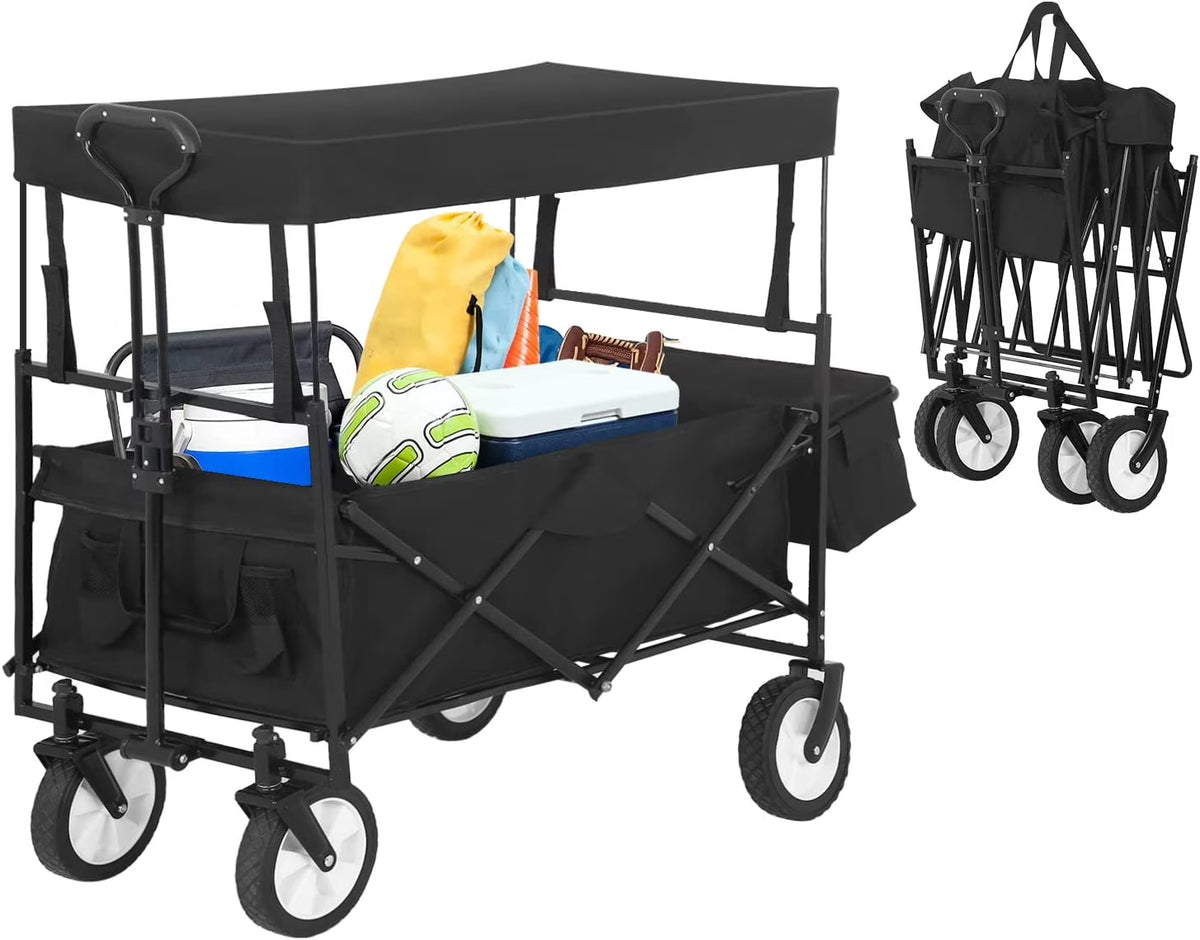 Black Folding Wagon Cart with Removable Canopy X26127