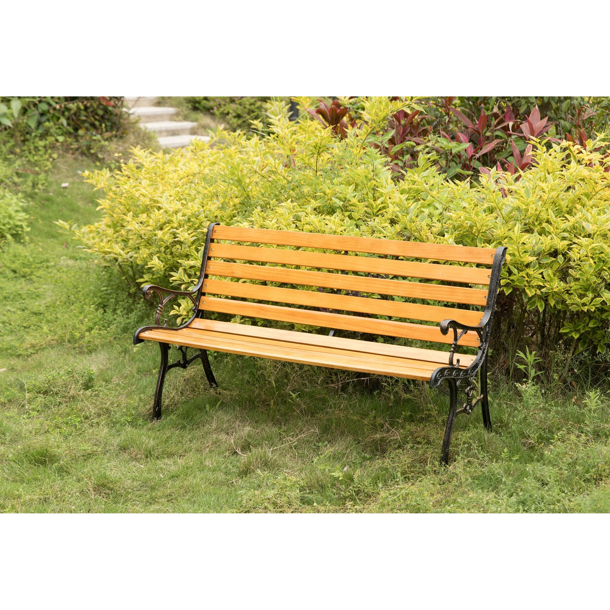 Wooden Outdoor Garden Bench with Steel Armrest & Legs Y799222