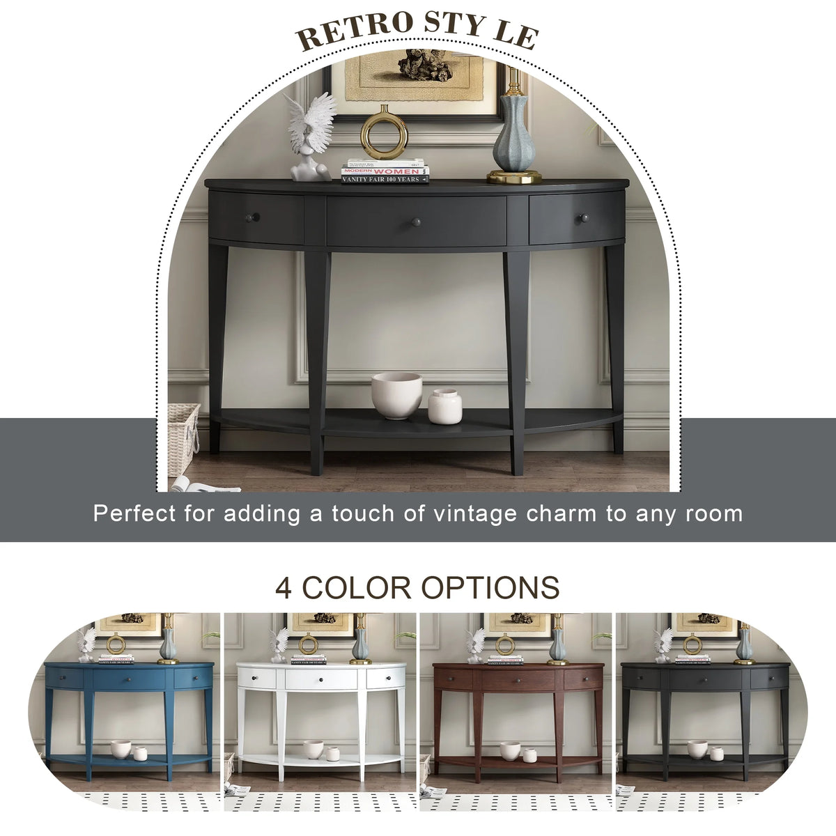 Black Curved Console Table with 3 Drawers T34216