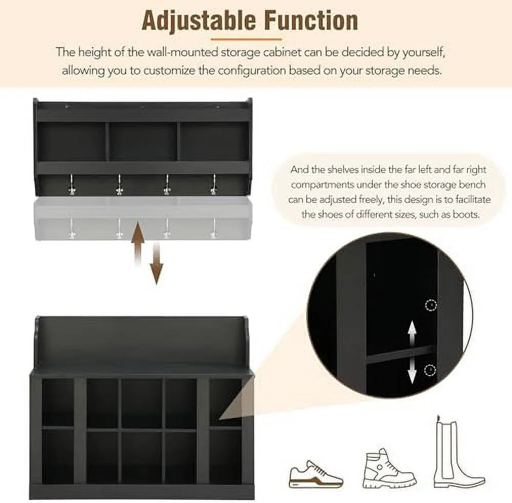 Black Entryway Hall Tree with Shoe Cabinet Bench and 8 Hooks I630