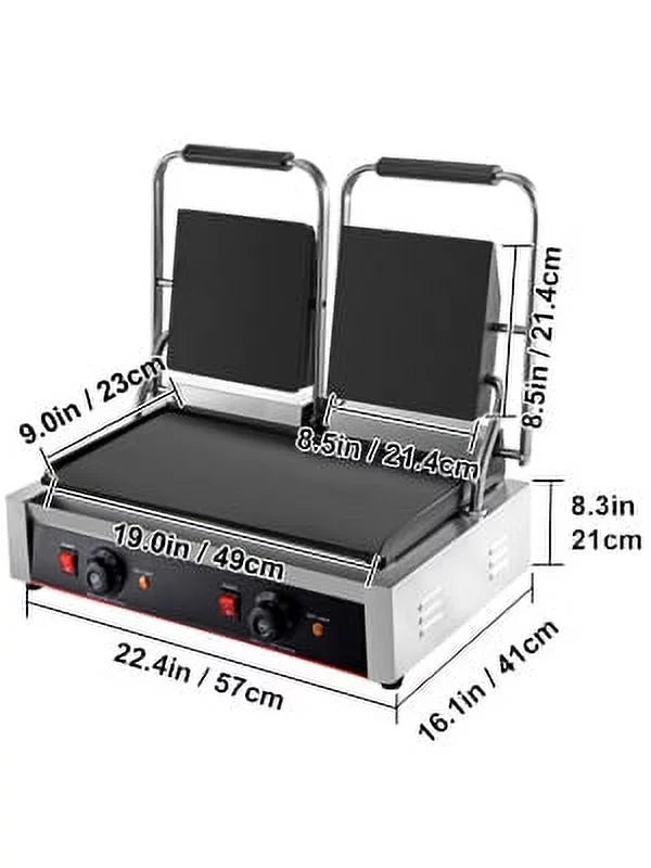 Commercial Sandwich Press Grill 3600W Electric Panini Maker Non-Stick Double Flat Plates Silver+Black C462