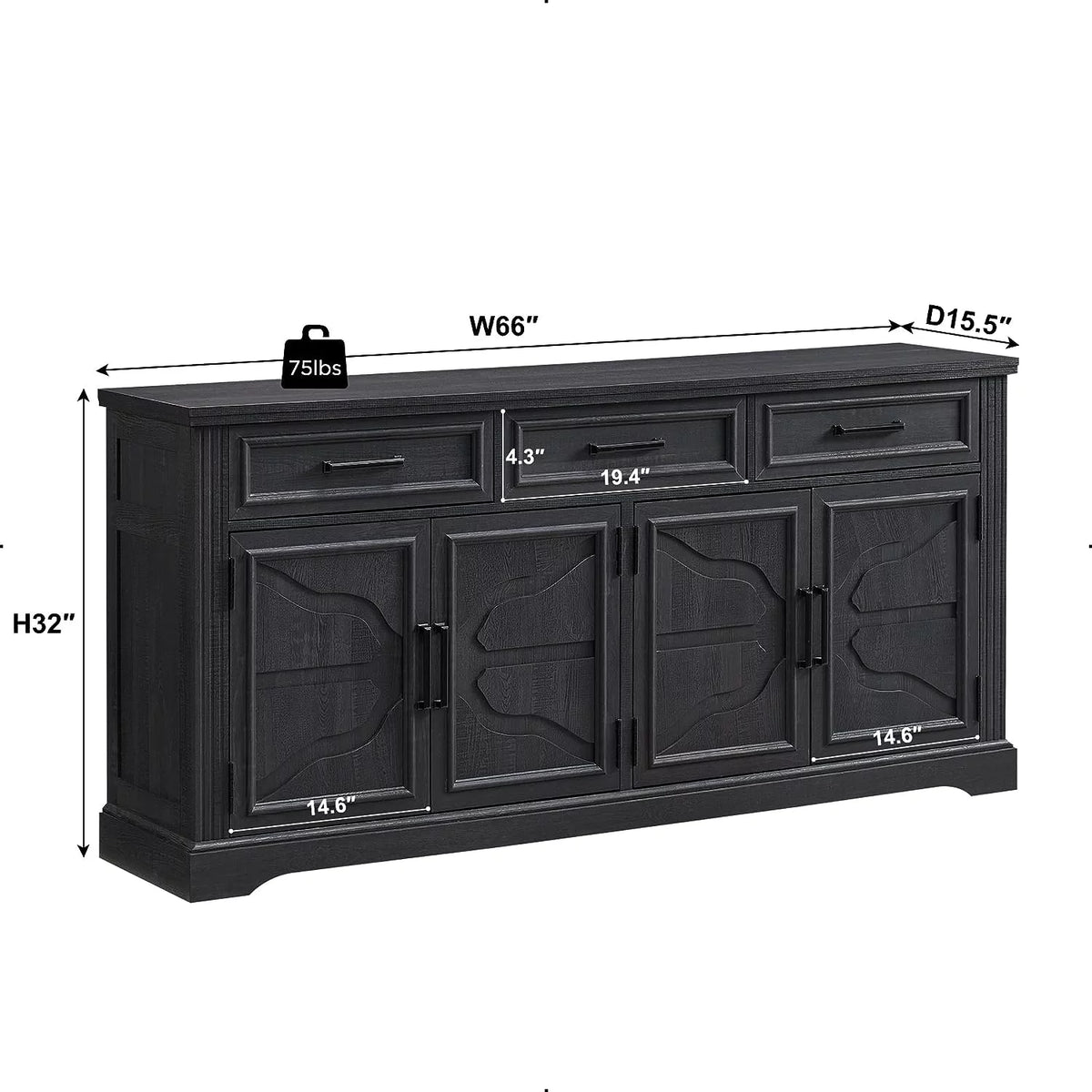 Black 3 Drawer 4 Door Sideboard Storage Cabinet F400