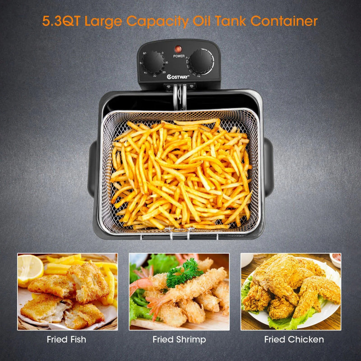 5.3Qt Stainless Steel Electric Deep Fryer with Triple Basket V1624
