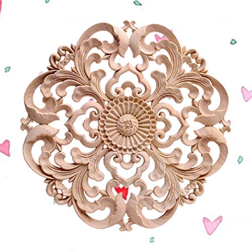 Wood Carved Onlay Applique Round Flower Unpainted Corner Decal Wood Wall Art 15x15cm H52000