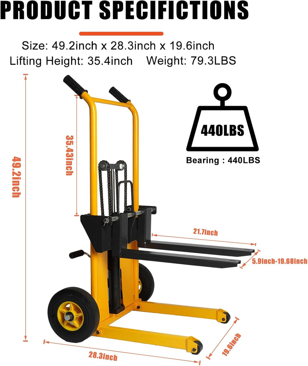 440 lbs Capacity 35" Lift Height Adjustable Forks Fixed Legs Pallet Stacker R91981