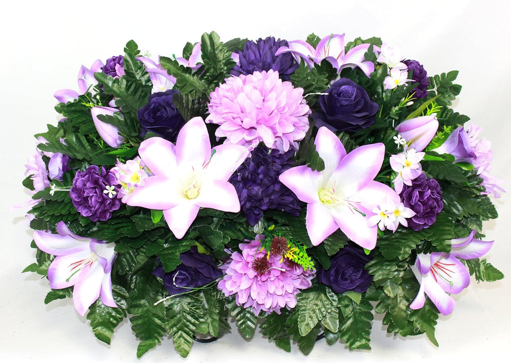 Purple Lilies Roses Mums Headstone Flower Saddle I141482