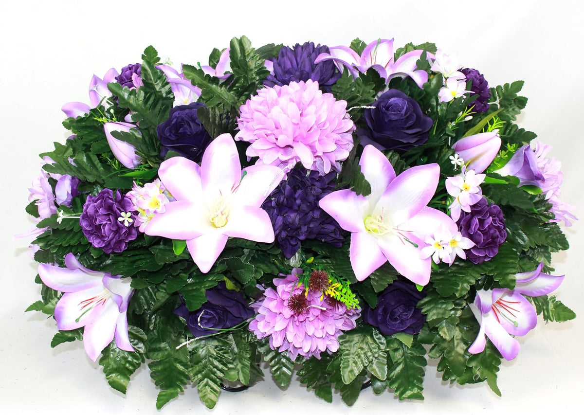 Purple Lilies Roses Mums Headstone Flower Saddle I141482