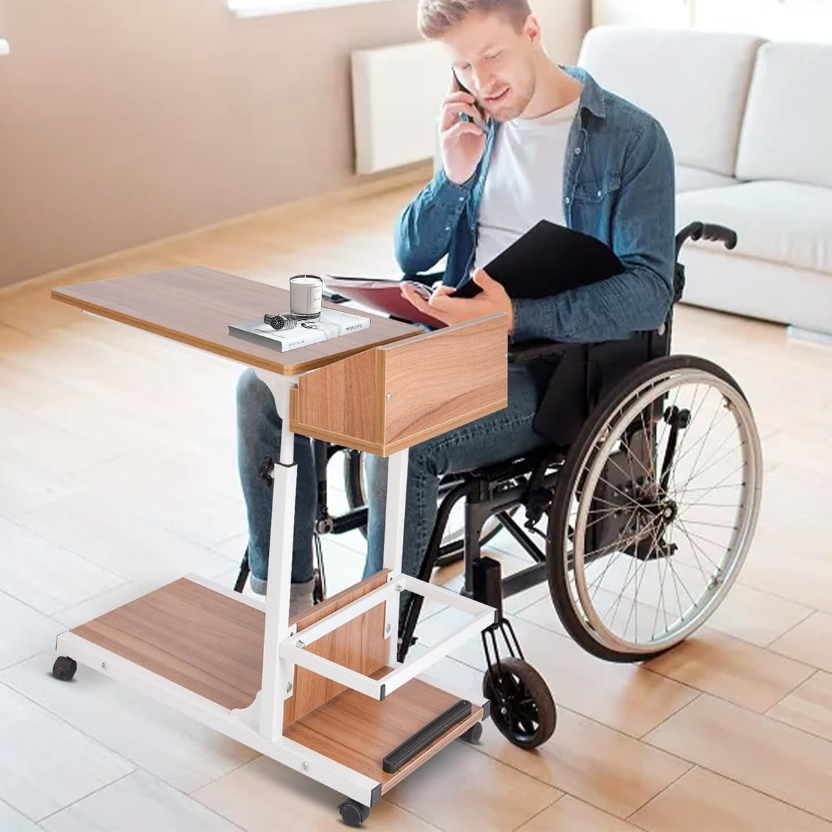 Over Bed Table with Drawer Adjustable Height and Wheels S47309