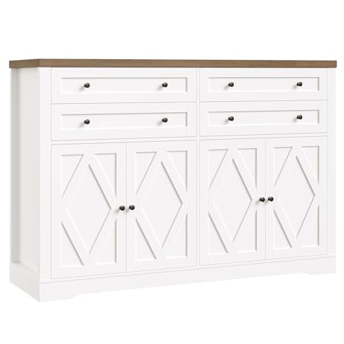 55" Coffee Bar with 4 Large Drawers, Tall Buffet Cabinet with Storage, Adjustable Shelves, Ash Grey X34467