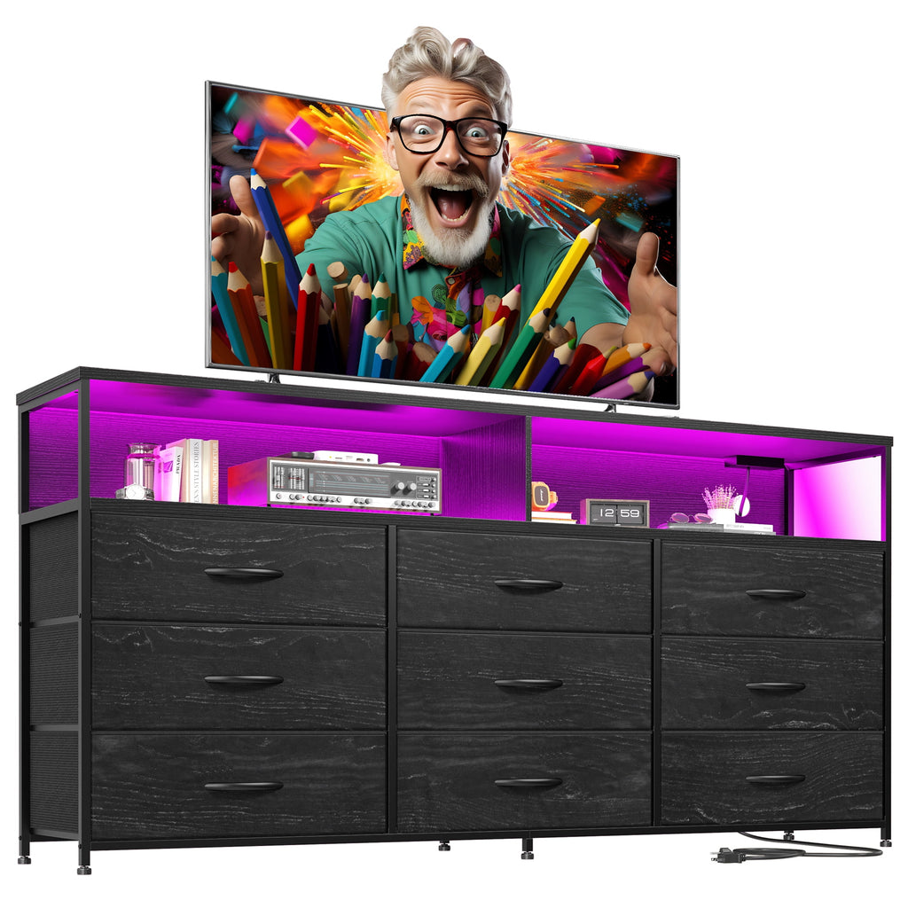 Black Dresser TV Stand with 9 Fabric Drawers & Power Outlet M913249