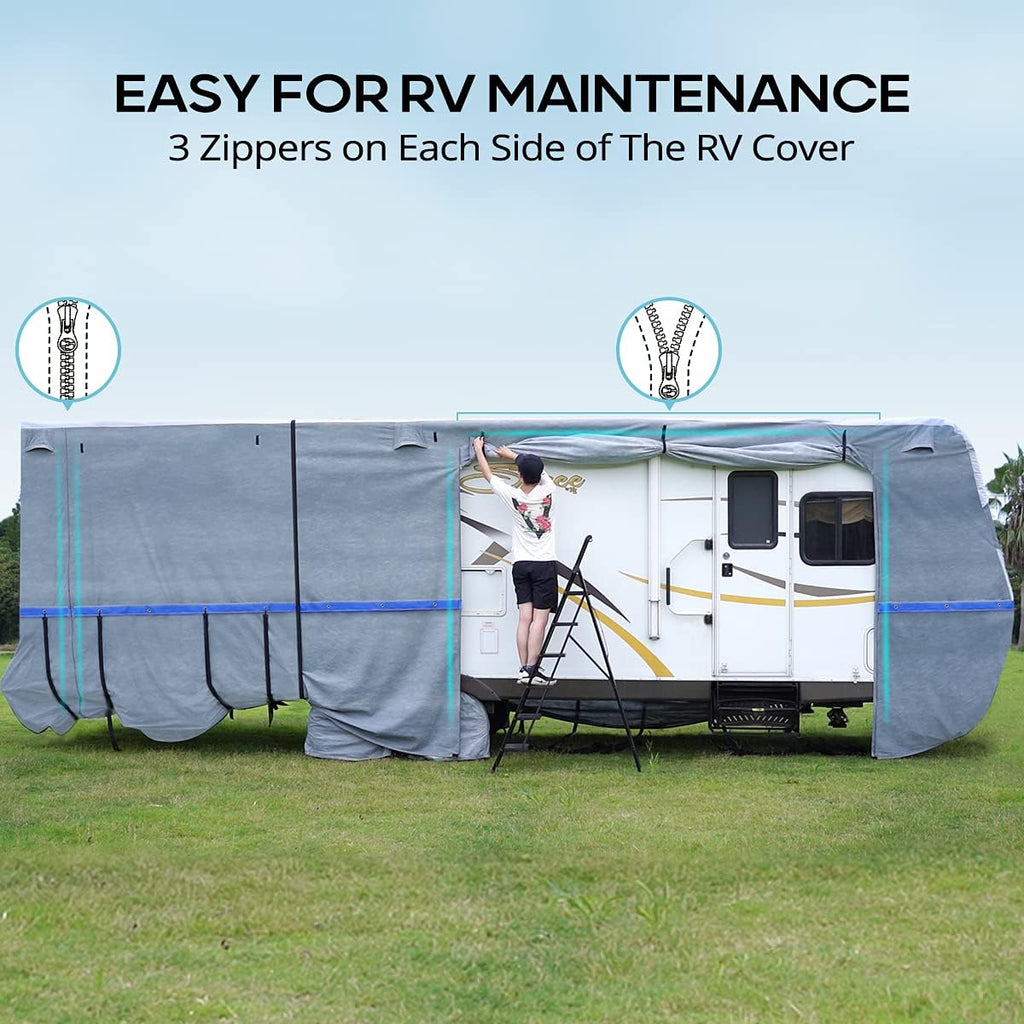 Extra-Thick 6-ply Travel Trailer RV Cover with 2 Windproof Straps, 4 Tire Covers J6855