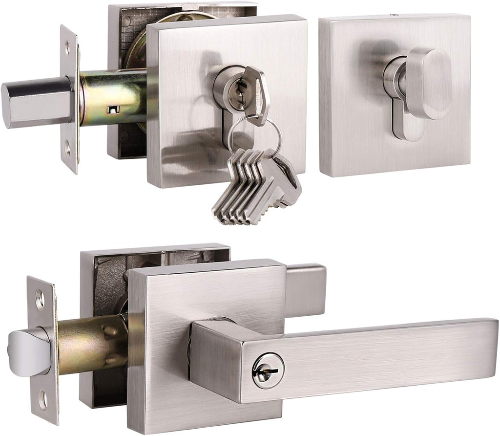5 Pack Satin Nickel Square Door Levers with Privacy Lock E541354