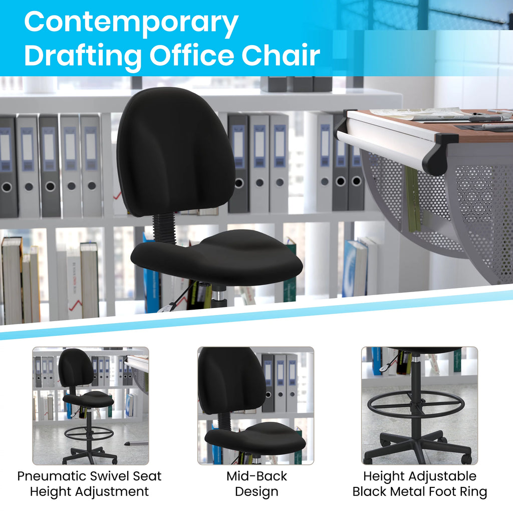 Black Fabric Mid-Back Drafting Chair with Footring P69846
