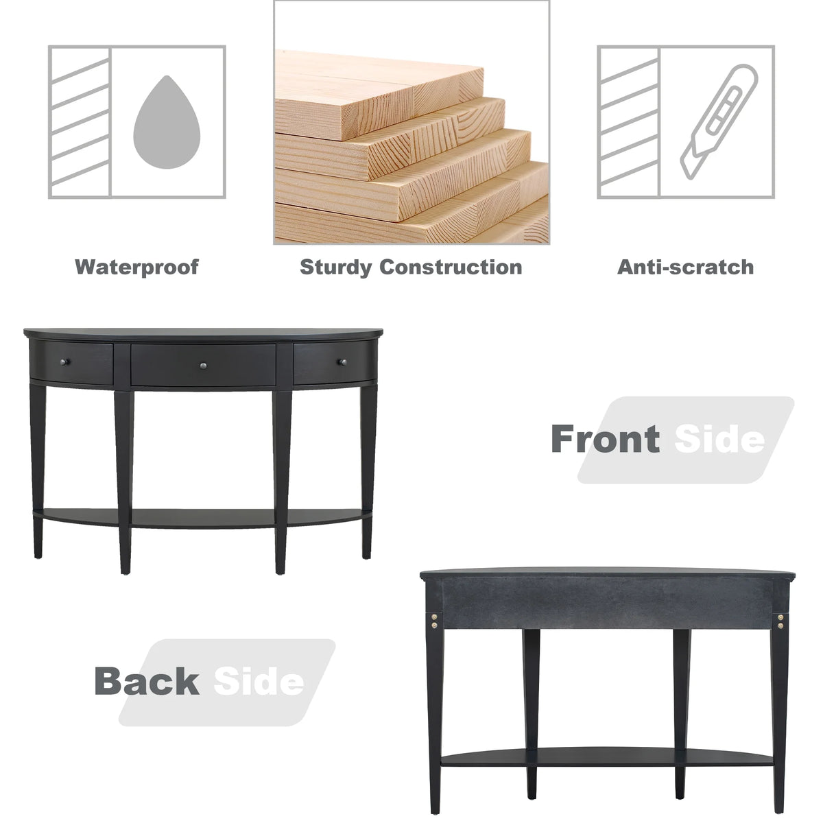Black Curved Console Table with 3 Drawers T34216