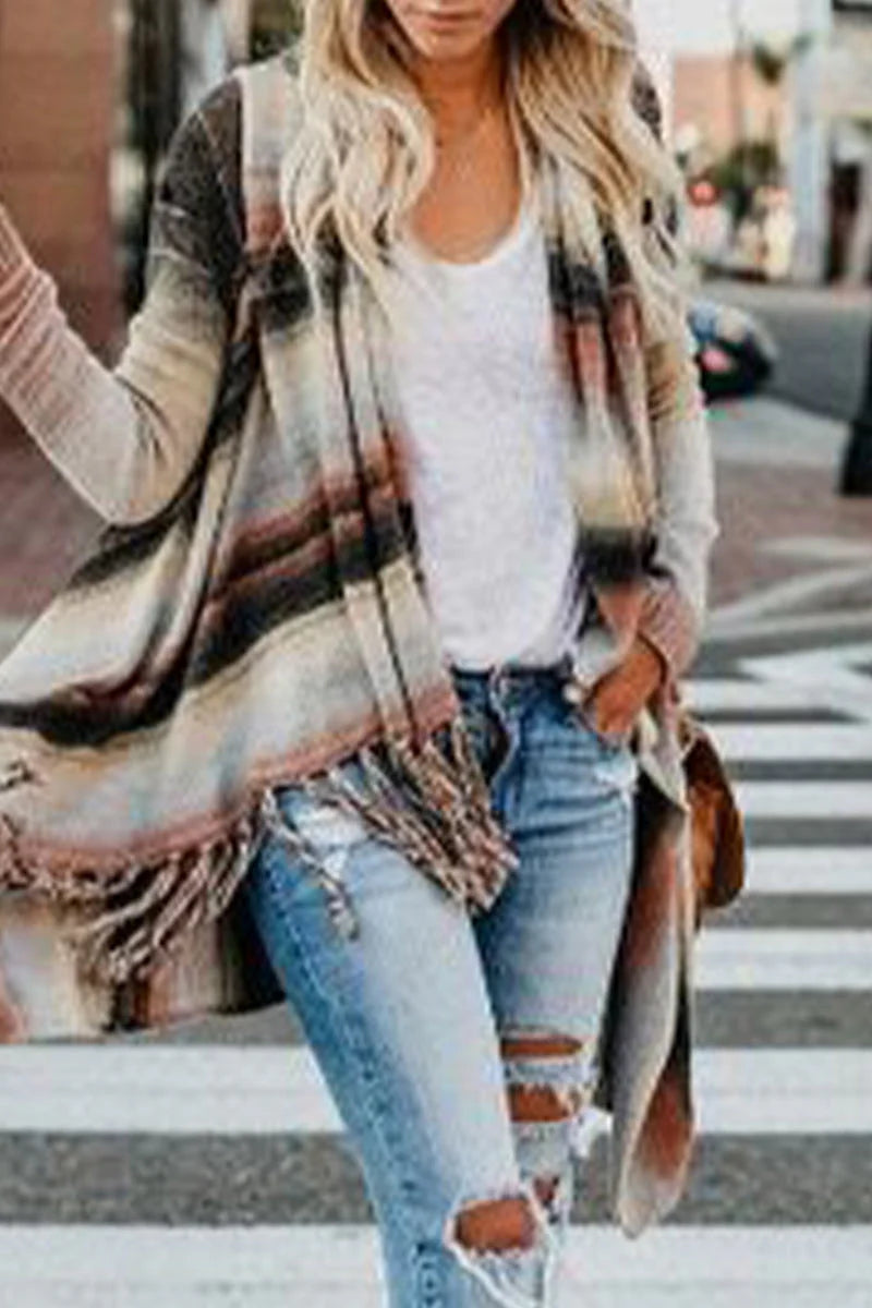 Striped Tassel Button Cardigan G7428