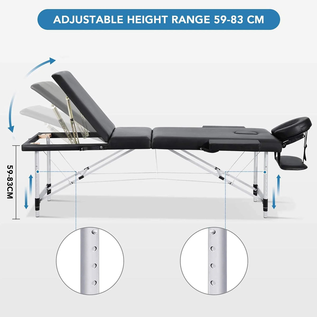 Portable Height Adjustable 3 Sections Wooden Massage Table with Face Hole and Carrying Bag T7826