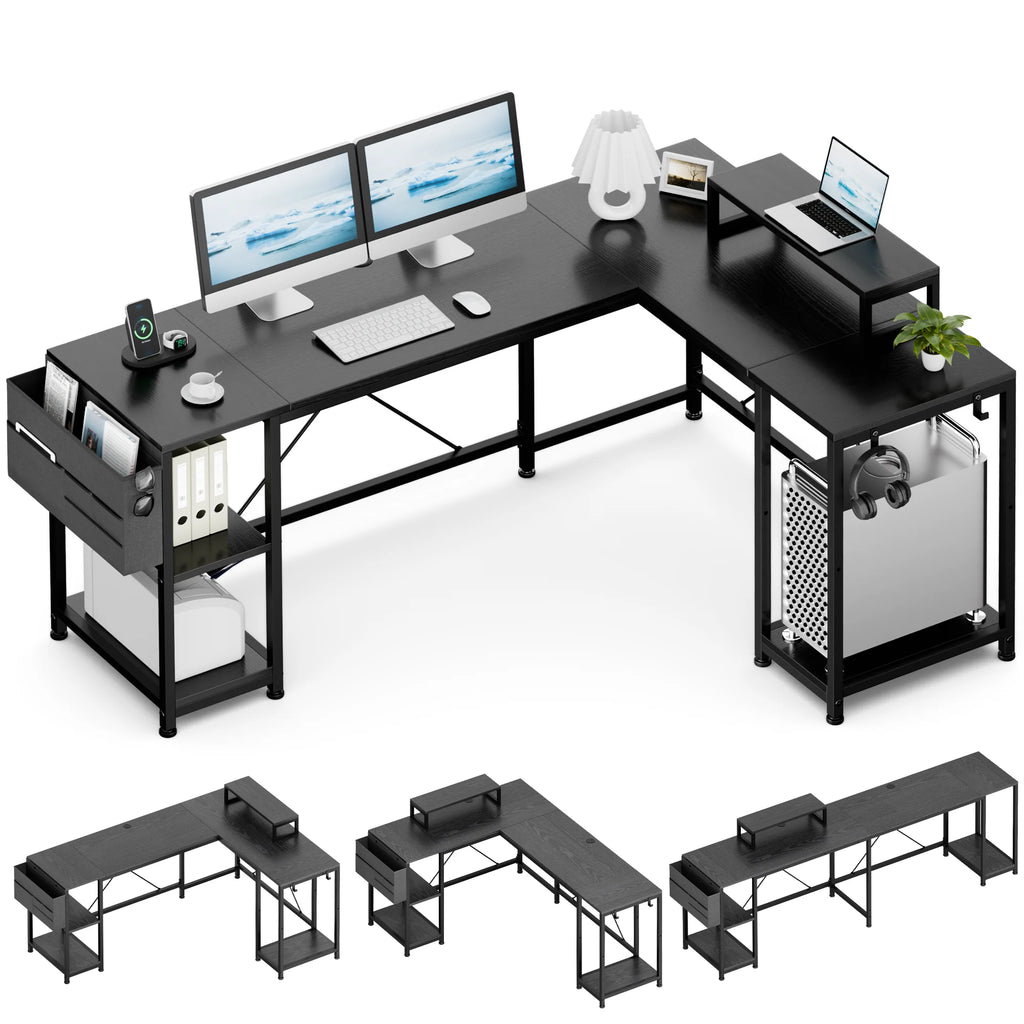 66 Inch Black L-Shaped Corner Desk with Shelves I295546