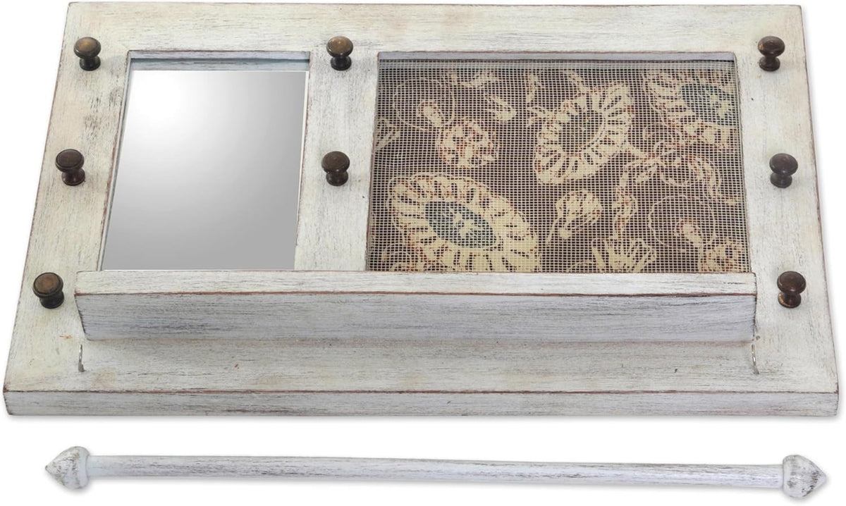 White Cotton Wood Batik Jewelry Display Organizer With Mirror O43699
