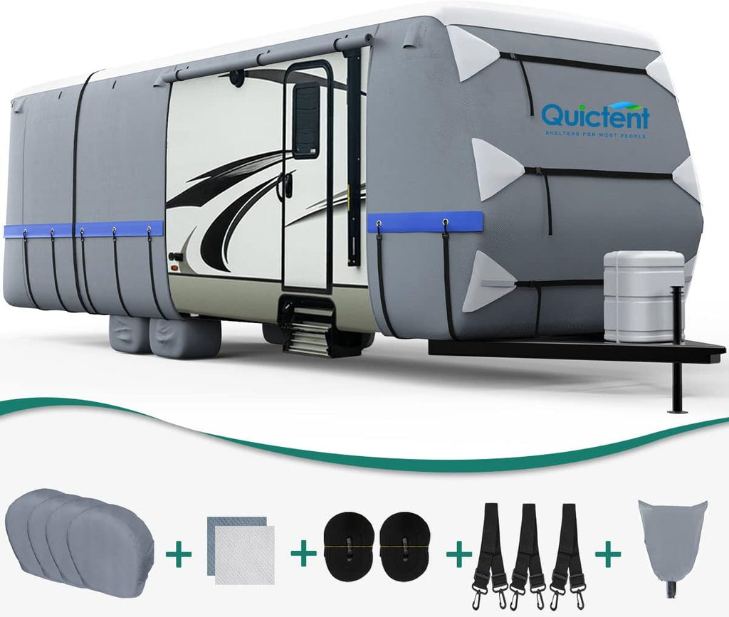 Extra-Thick 6-ply Travel Trailer RV Cover with 2 Windproof Straps, 4 Tire Covers J6855