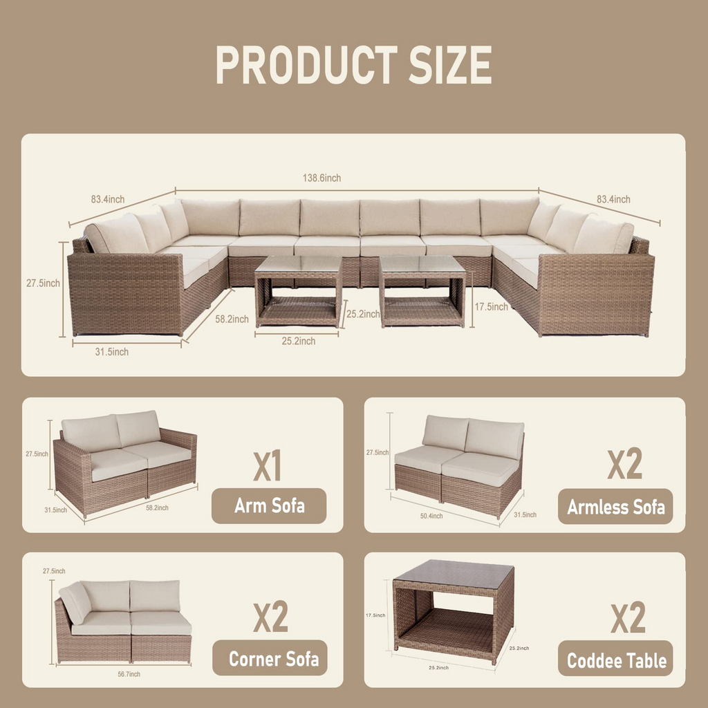 Wicker Patio Furniture Conversation Set Outdoor Rattan Sectional Couch Sofa with Coffee Table (12PCS Light Brown) B574