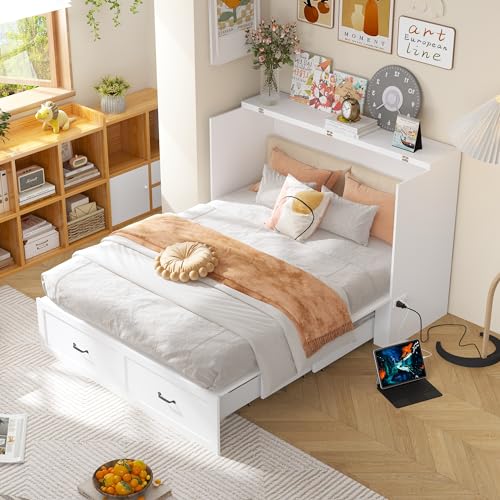 White Queen Size Murphy Cabinet Bed with Drawers G181933
