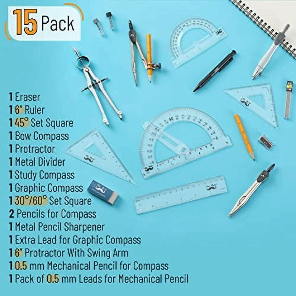 15 Piece Geometry Set with 6 Inch Swing Arm Protractor N193