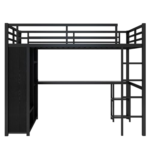Full Size White Metal Loft Bed with Desk and Wardrobe J8561