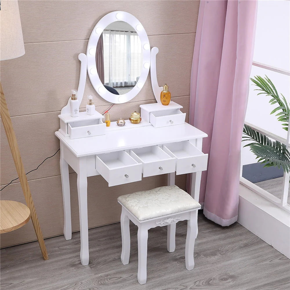 White 5 Drawer Vanity Table with Cushioned Stool Set F9501