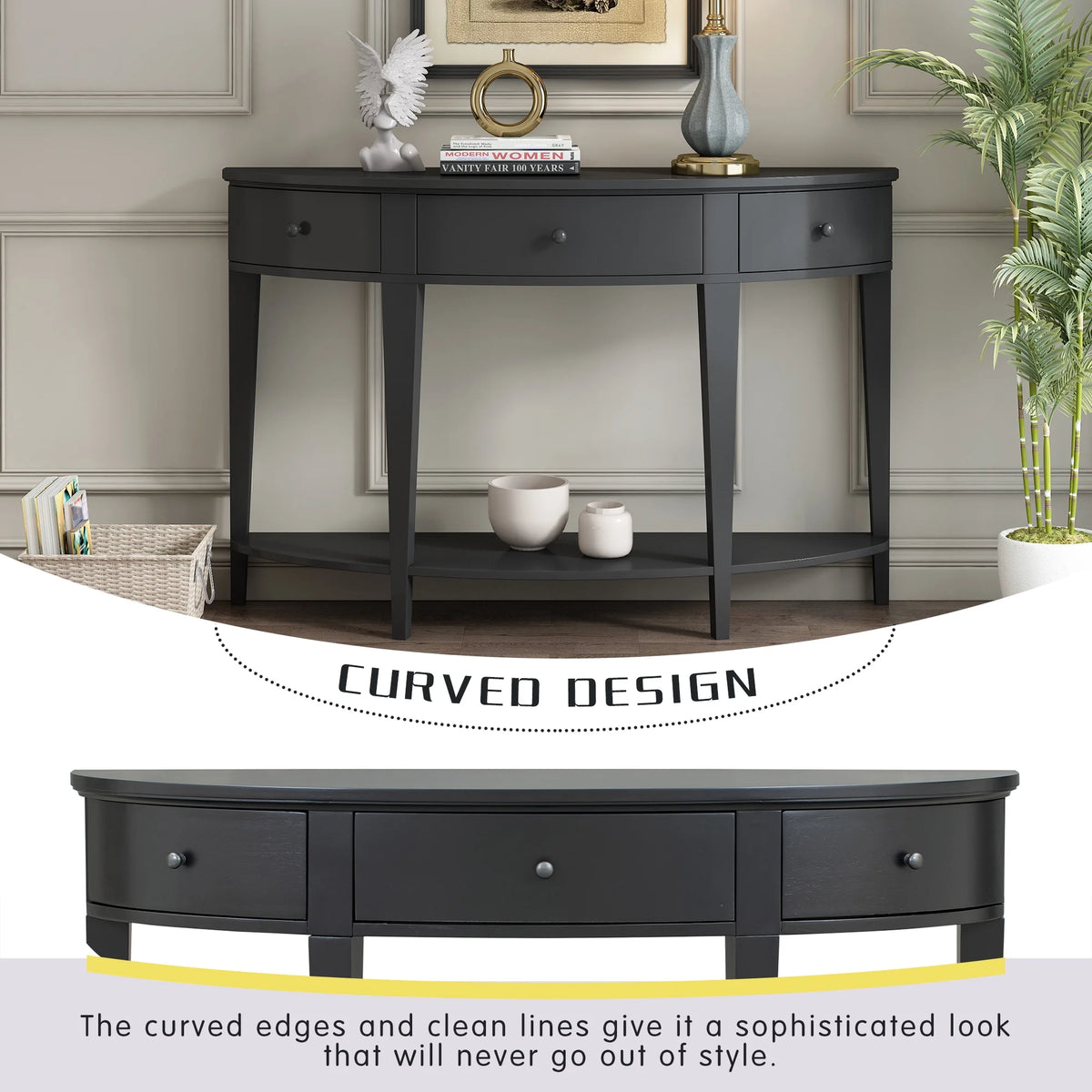 Black Curved Console Table with 3 Drawers T34216