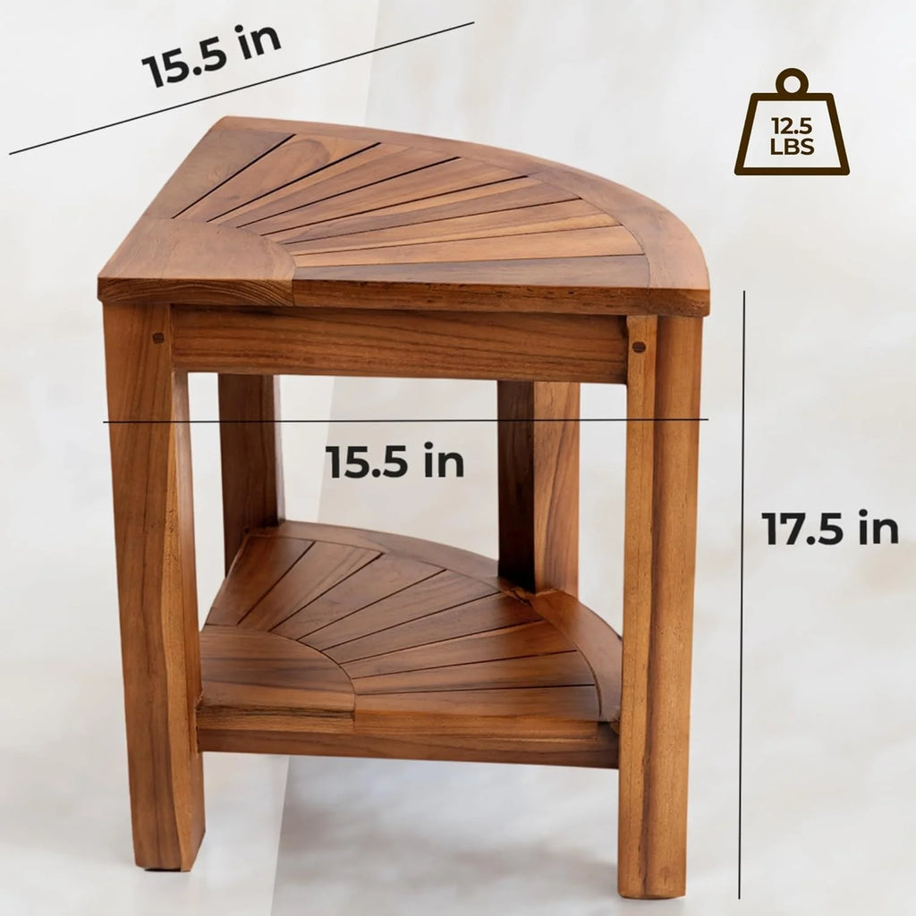 Teak Corner Bench with Shelf, 18 Inch Wooden Seat Stool F609