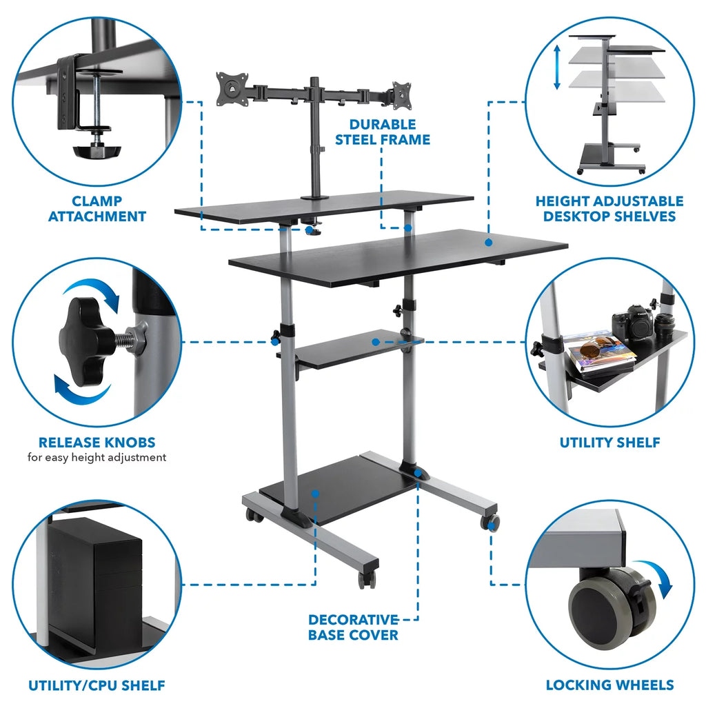 Extra Wide Mobile Standing Desk with Dual Monitor Mount B351818