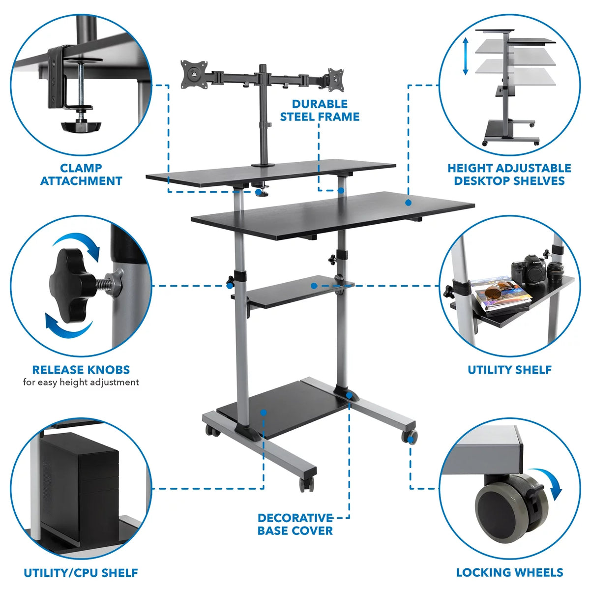 Extra Wide Mobile Standing Desk with Dual Monitor Mount B351818