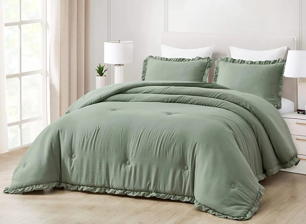 Sage Green Ruffled Edge Microfiber Comforter Set H254668