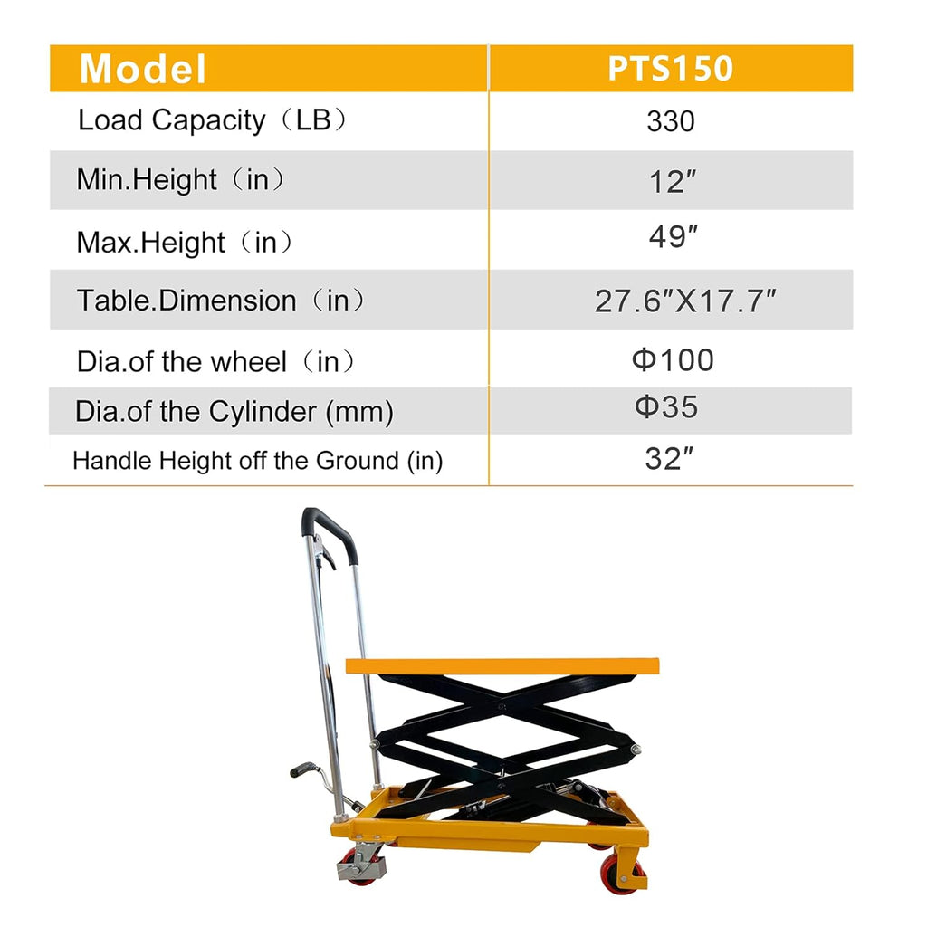 Hydraulic Lift Table Cart 330lbs Capacity 49 Lifting Height E1604