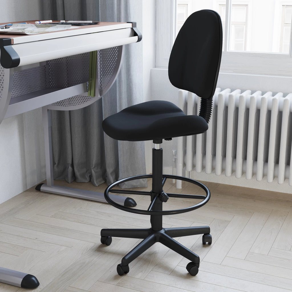 Black Fabric Mid-Back Drafting Chair with Footring P69846
