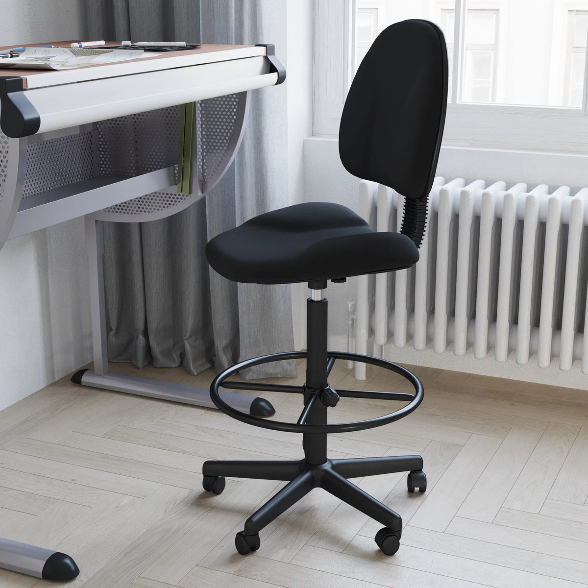 Black Fabric Mid-Back Drafting Chair with Footring P69846