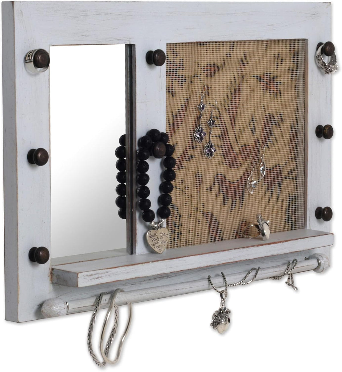 White Cotton Wood Batik Jewelry Display Organizer With Mirror O43699
