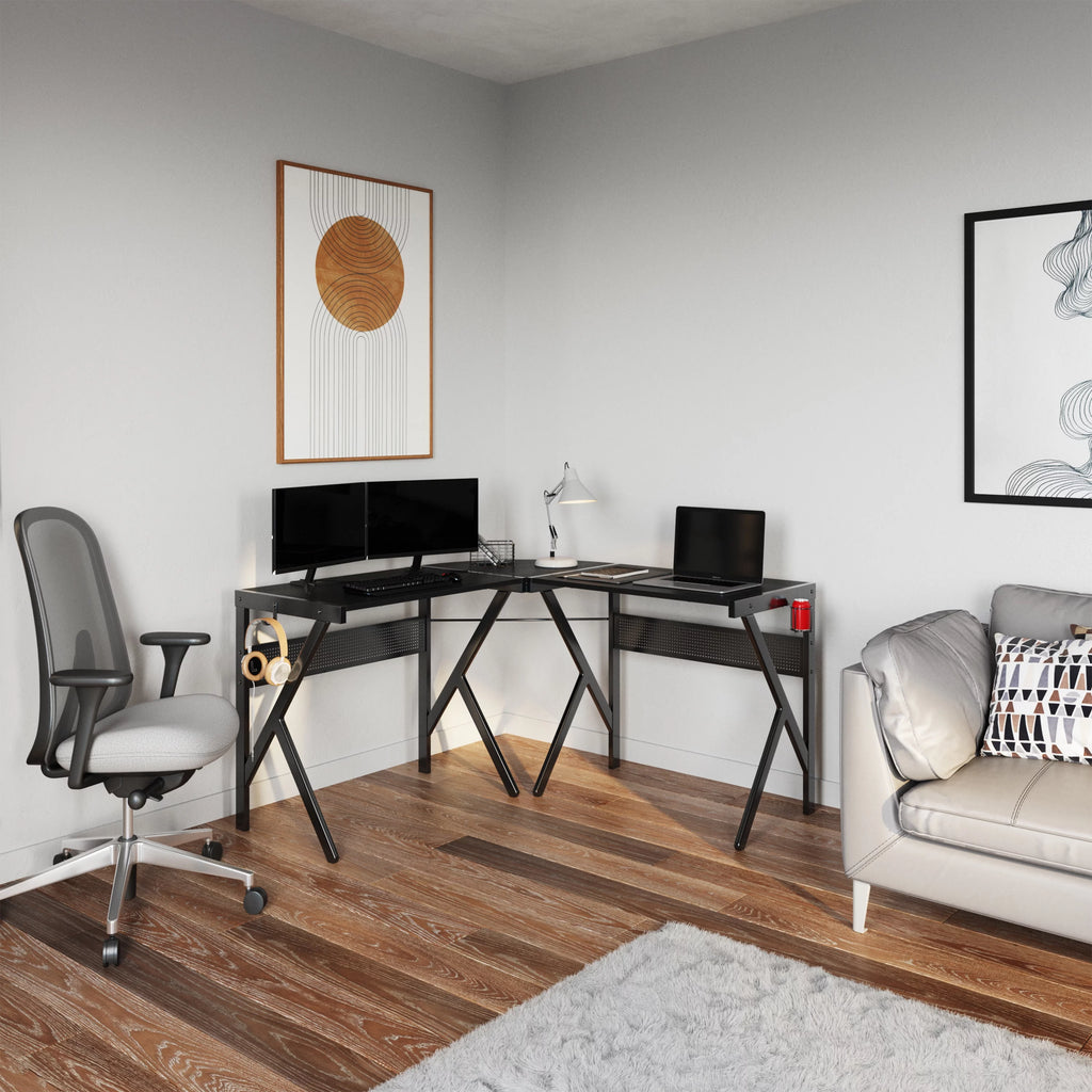 L Shaped Computer Desk with Headphone and Cup Holder Black L5721
