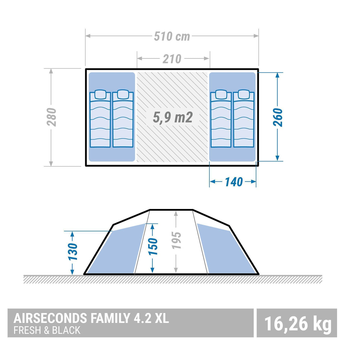 4.2 Inflatable Camping Tent, 4 Person, Black V67938