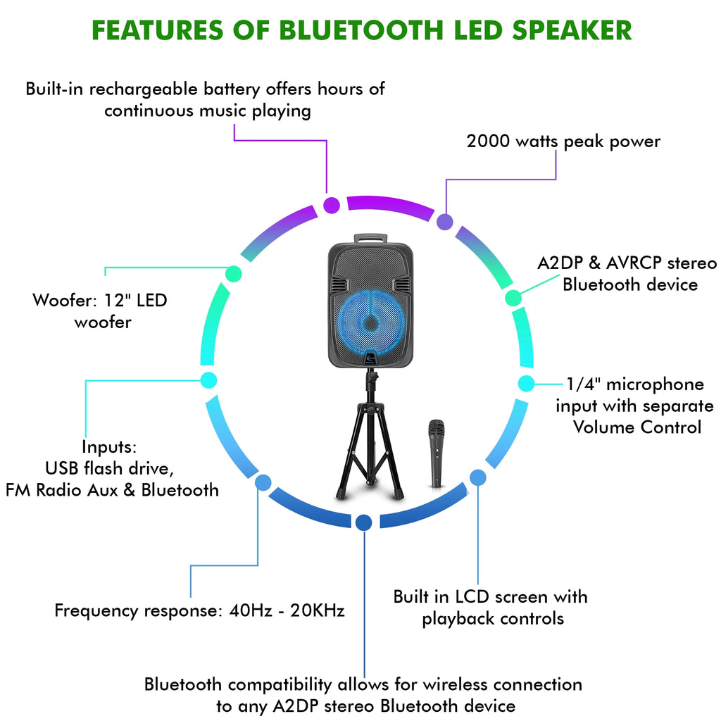 2000 Watts Rechargeable 12 Inch Bluetooth LED Speaker Q33877
