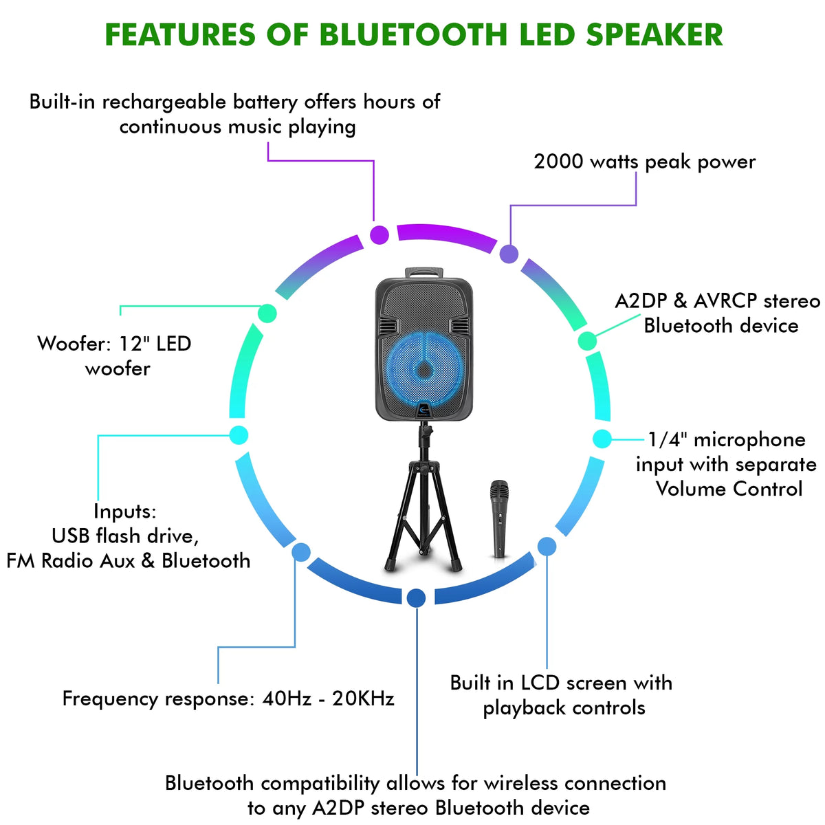 2000 Watts Rechargeable 12 Inch Bluetooth LED Speaker Q33877