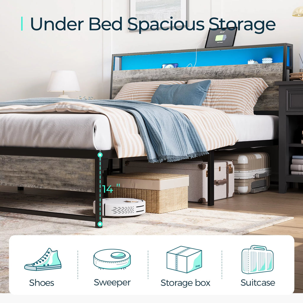 Full Size Metal Platform Bed Frame with Headboard and Storage Shelves U5514