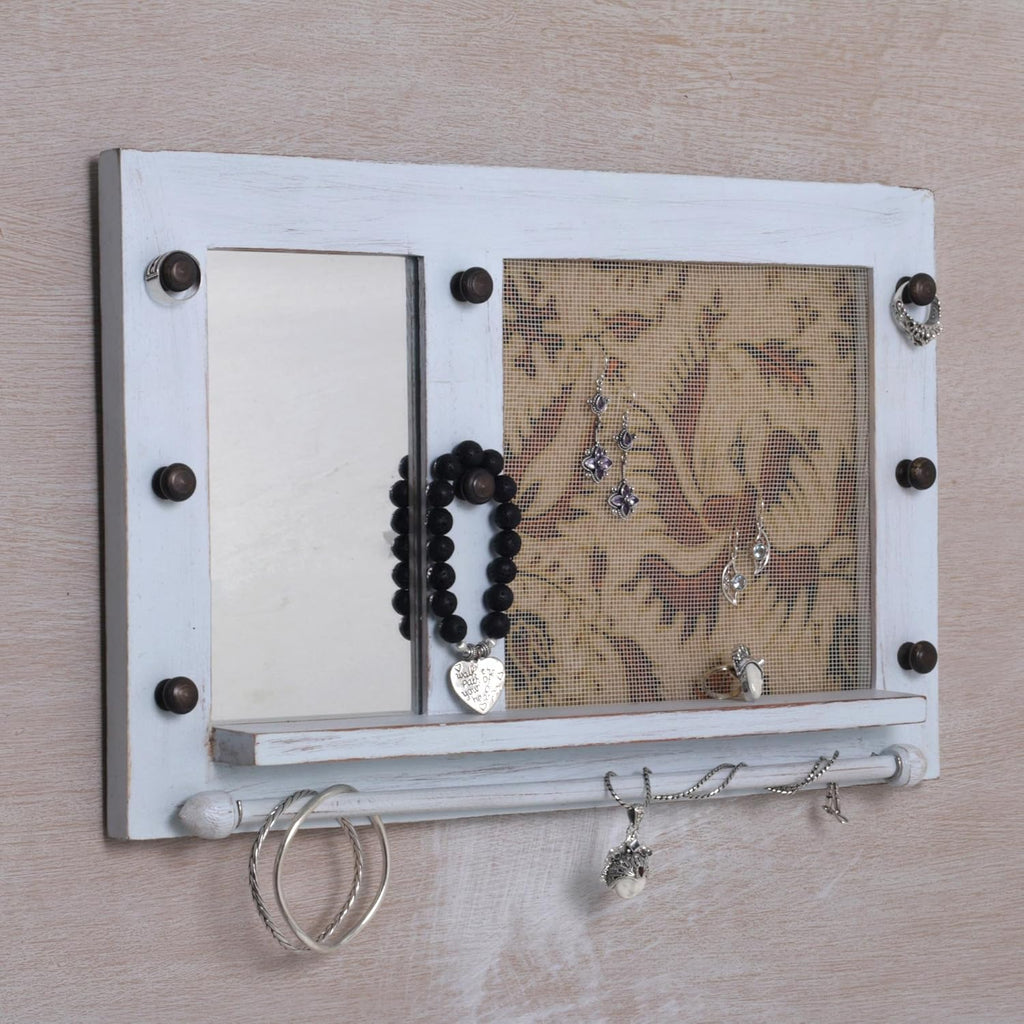 White Cotton Wood Batik Jewelry Display Organizer With Mirror O43699