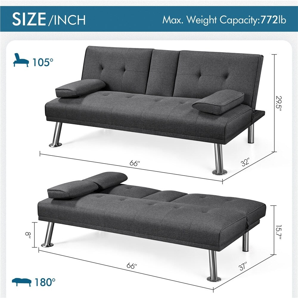 Dark Gray Tufted Fabric Convertible Futon Sofa Bed U8837