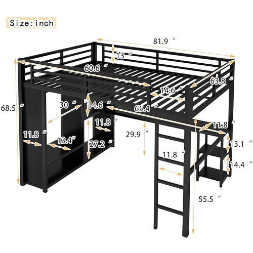 Full Size White Metal Loft Bed with Desk and Wardrobe J8561