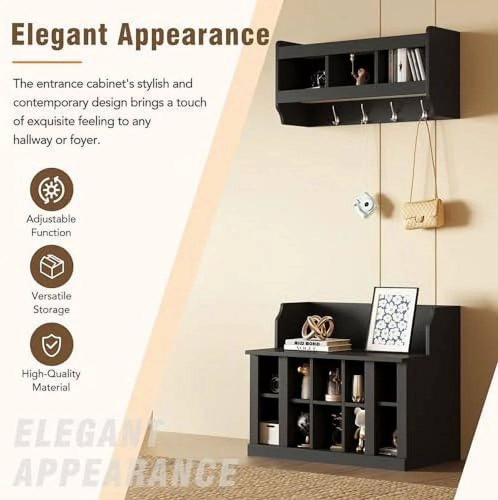 Black Entryway Hall Tree with Shoe Cabinet Bench and 8 Hooks I630