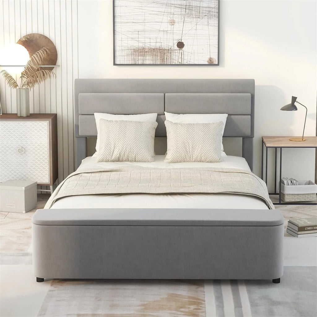 Full Size Gray Velvet Upholstered Platform Bed with Storage Y5800