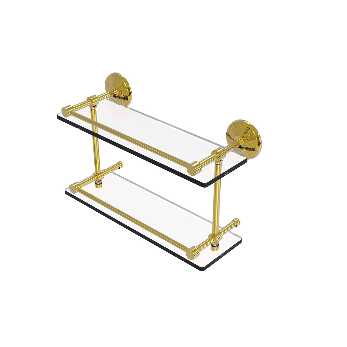 16-inch Double Glass Shelf with Gallery Rail Polished Brass D3437